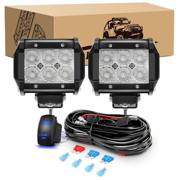 2 Pcs 18W Flood LED Pods with 12V 5Pin Rocker Switch Wiring Harness-2 Leads